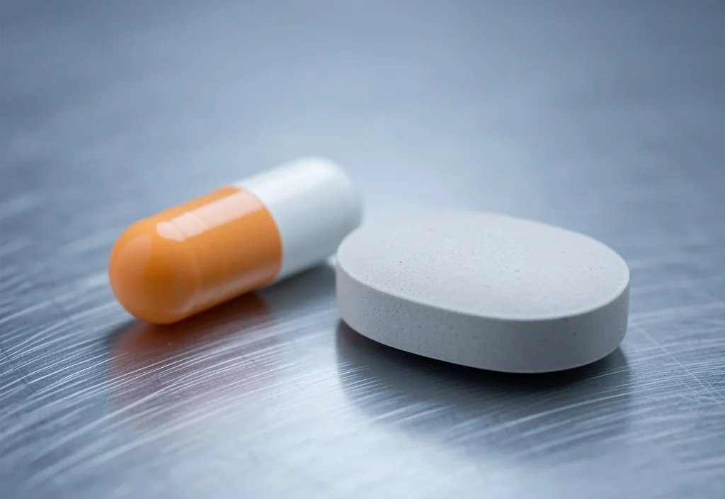 Vitamin capsule and mineral tablet on a metal surface