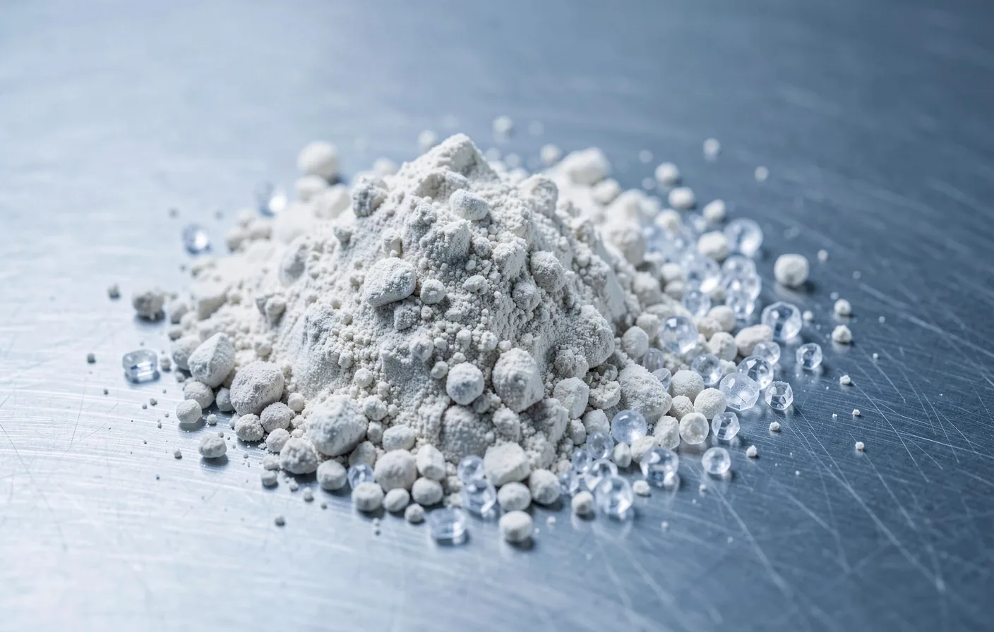 Vitamin and mineral raw material crystals on a laboratory surface